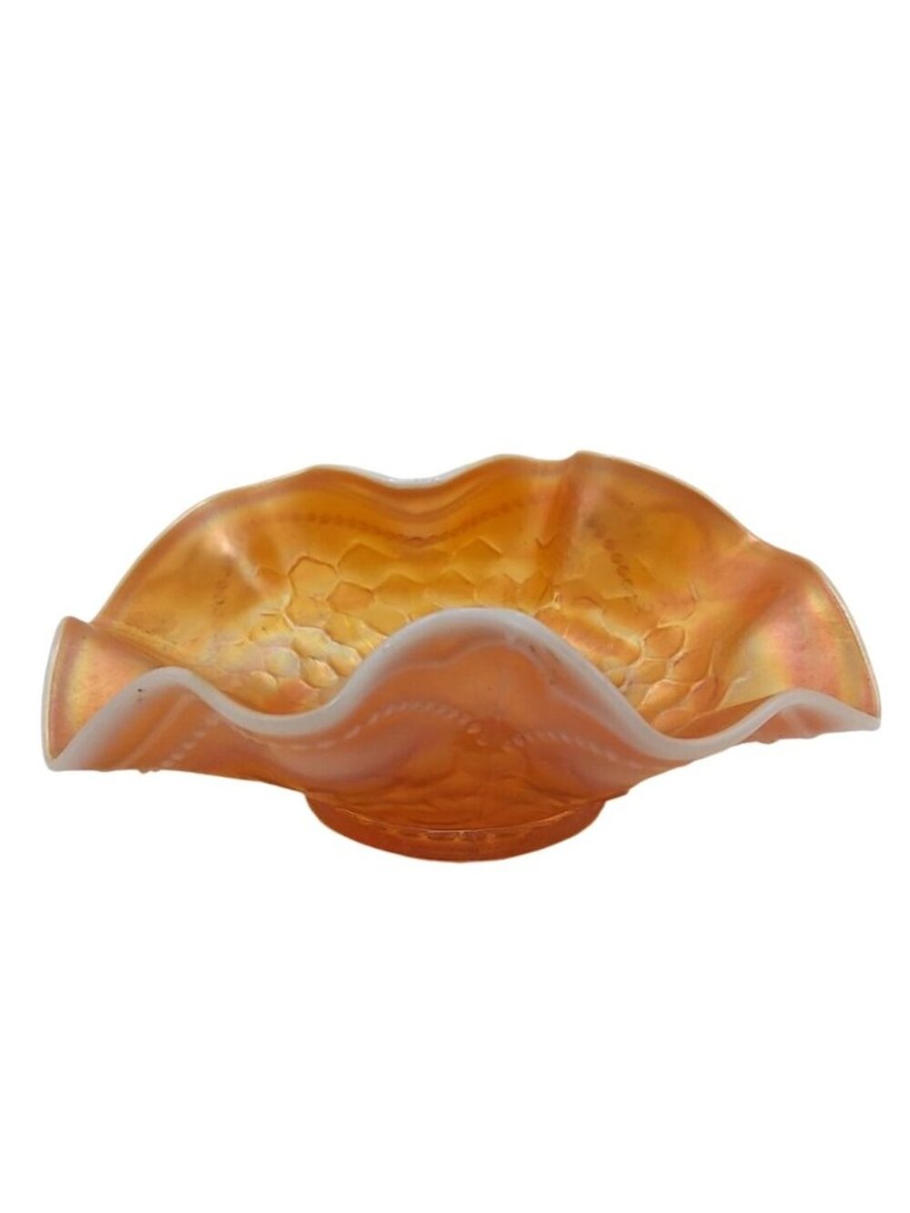 Dugan Carnival Glass Dish Honeycomb And Beads Ruffled Marigold EAPG Antique